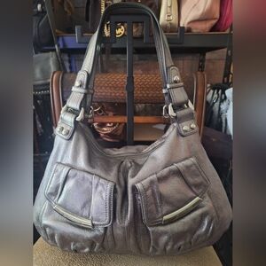 B. Makowsky Silver Metallic Leather Shoulder Bag with Silver Hardware